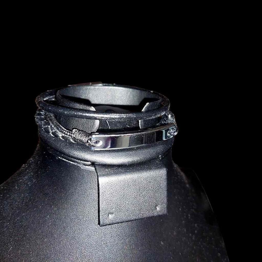 Black Faux Leather Bracelet Stack With Silver Details, 8.5" Length